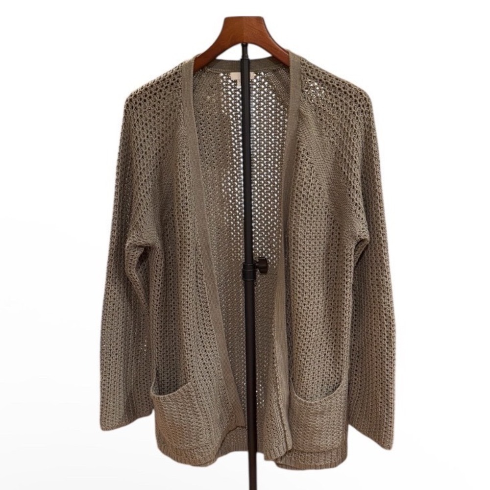 J. Jill Open Front Cardigan Sweater M Missy Taupe Green Open Knit Crochet Pocket